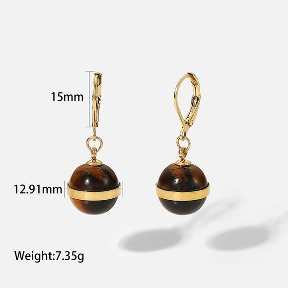Natural Tiger Eye Ball Agate Pendant Earrings 14K Gold‎ Plated Stainless Steel - Picture 7 of 7